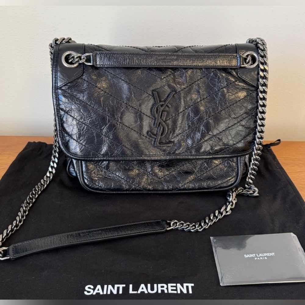 Niki Medium Flap YSL Shoulder Bag in Crinkled Leather
